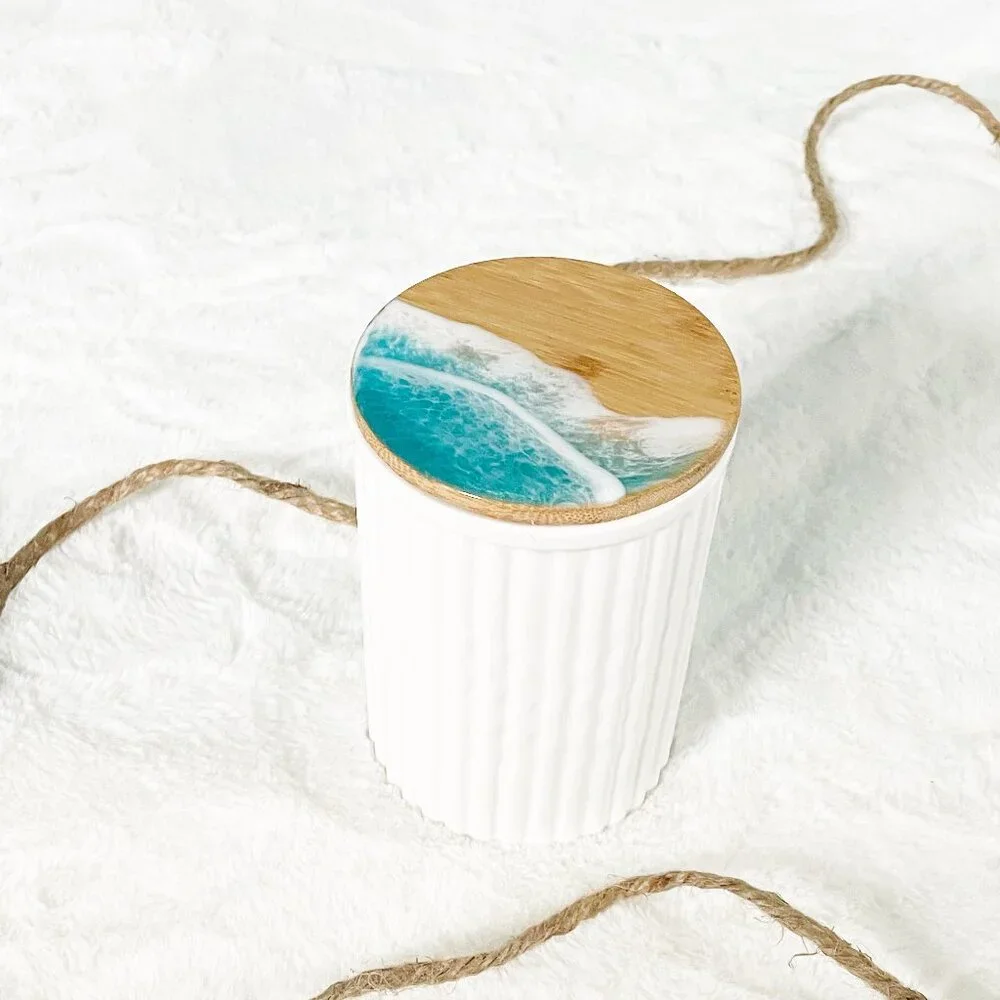 Coastal Ocean Wave Resin Art Medium White Ceramic Canister